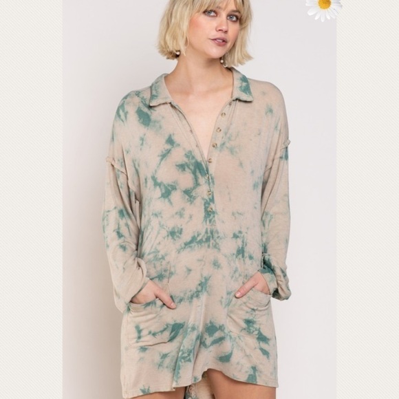 New! Faith Mocha/Teal Hand Dip Dye LS Romper - Picture 9 of 9